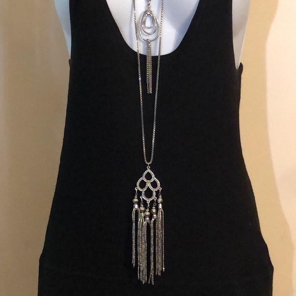 BUNDLE lot 2 silver tone long tassel necklaces statement extra long - Picture 3 of 6